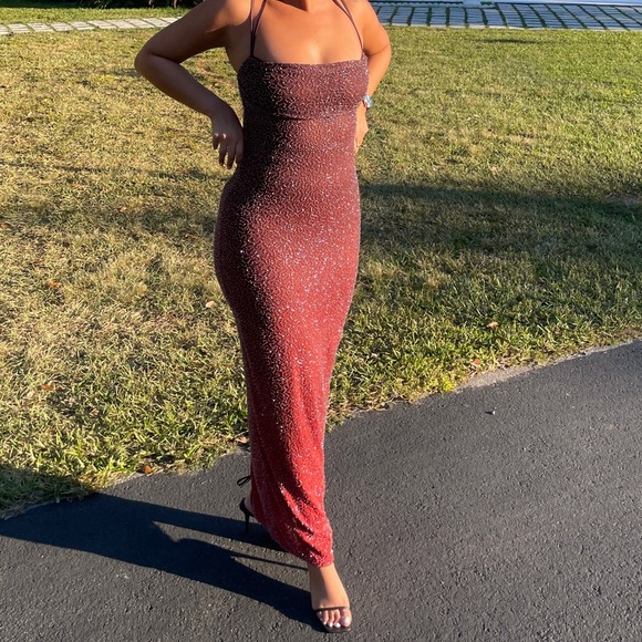 Oh Polly embellished maxi dress in Red/Brown Ombré - Picture 3 of 3